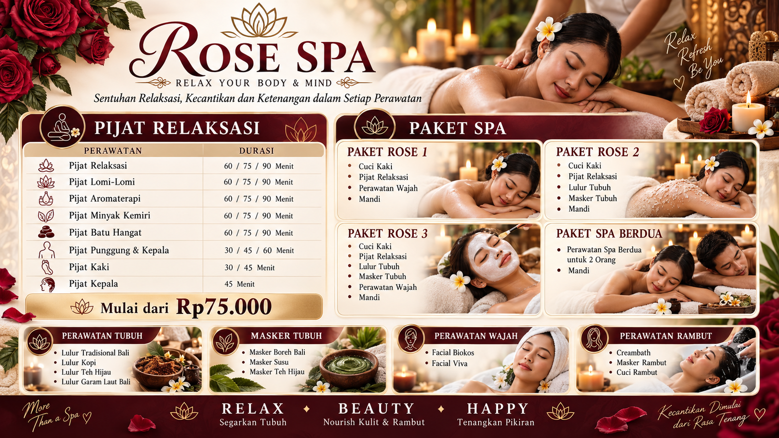 Daftar lengkap pijat relaksasi, paket spa, dan pilihan perawatan ROSE SPA